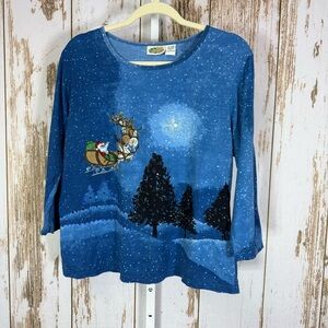 Collections ETC, Holiday Night Sky Blue Sequins Long Sleeve Top. Size Large